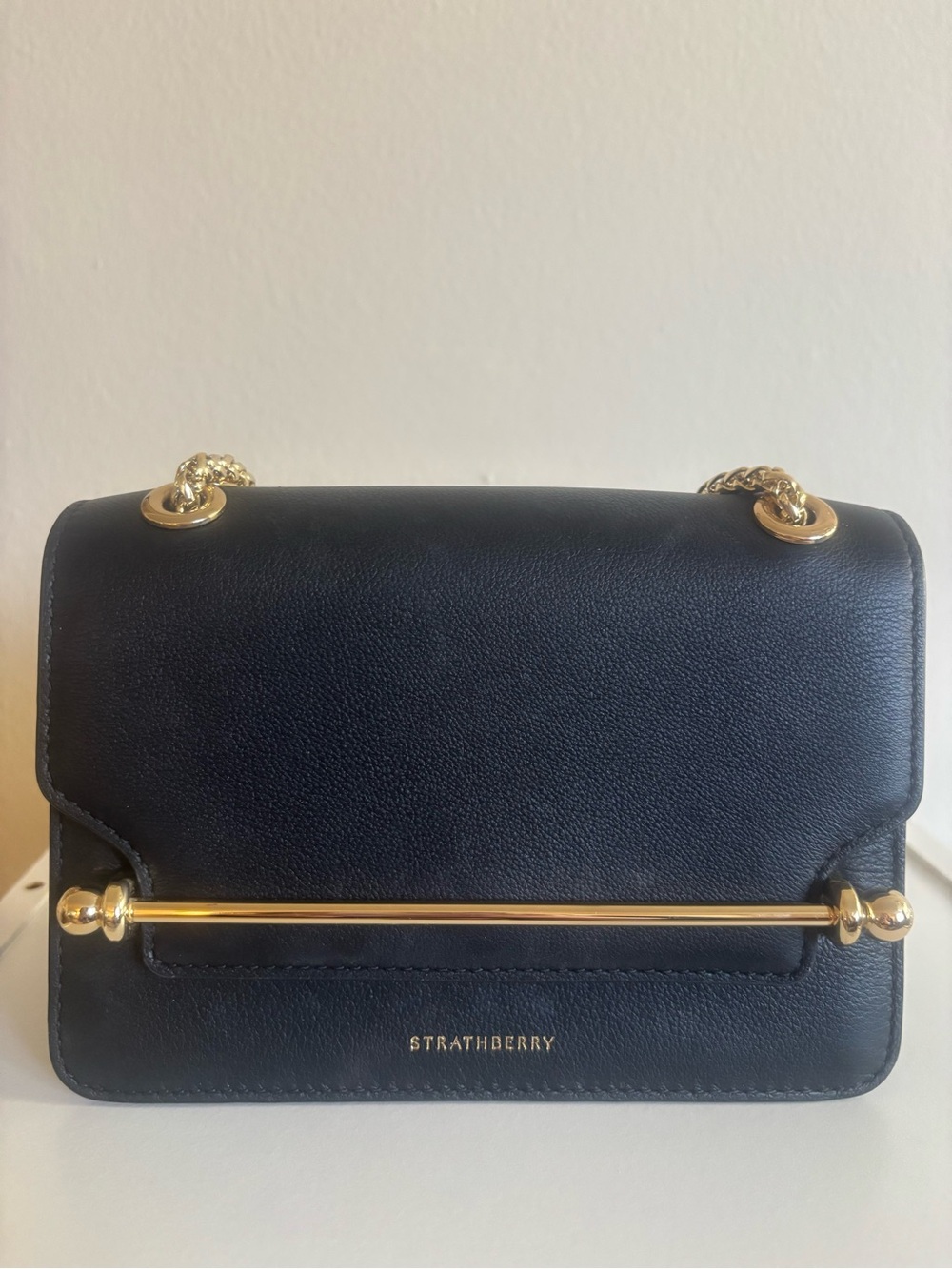 Strathberry East/West Mini Leather Crossbody Bag Black Gold Chain + Receipt